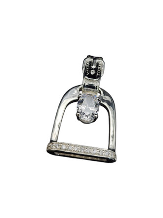 An English stirrup pendant featuring cz for extra bling. The leather strap leather makes a nice bail! Cubic zirconium outline the bottom of the of the iron.