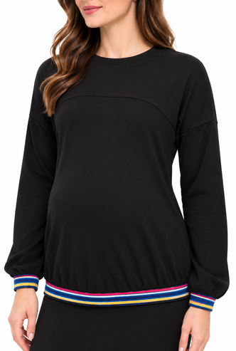 Black curved yoke maternity top with contrast trim