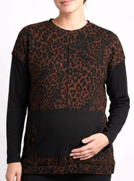 Ditzy print maternity top with ribbed sleeves and front pouch