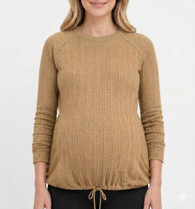 Tan cable knit maternity top with raglan sleeves and tie bottom