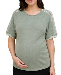 Purl knit maternity sweater top with beaded trim