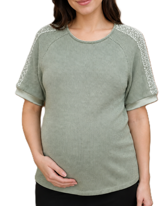 Purl knit maternity sweater top with beaded trim