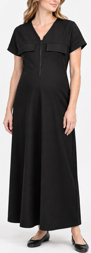 Black gabardine maternity jumper with zip front and pocket detail