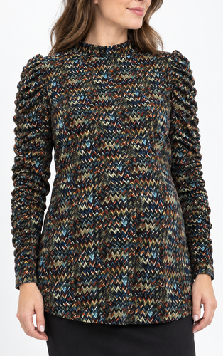 Printed velour maternity top with shirred sleeves