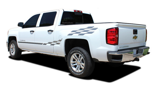 CHAMP : 2014 2015 2016 2017 2018 2019 2020 2021 2022 Chevy Silverado or GMC Sierra Checkered Flag Bed Side Vinyl Graphic Decal Stripe Kit (M-PDS-2363)