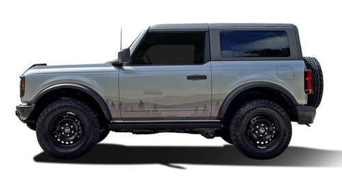 BRONCO WANDERER (FULL SIZE) - Ford Bronco Side Body Door Decals Trees Mountains Stripes Vinyl Graphics Kit for 2021-2026 (M-PDS-8383)