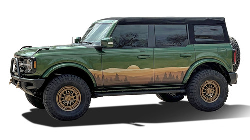 BRONCO WANDERER (FULL SIZE) : Ford Bronco Side Body Door Decals Trees Mountains Stripes Vinyl Graphics Kit for 2021 2022 2023 (EARTHTONES) (M-PDS-8383-2)