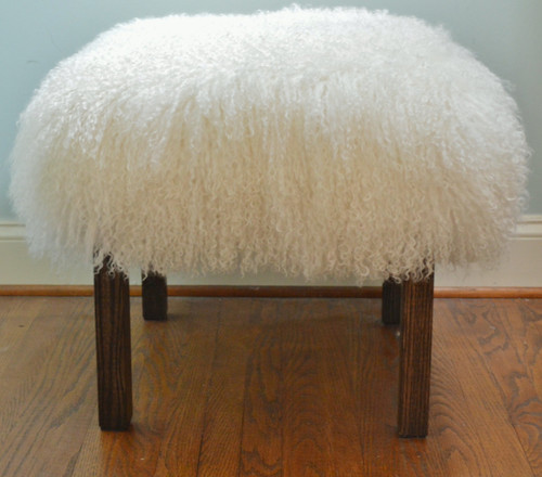 Natural White Mongolian lamb stool with parsons style wood legs