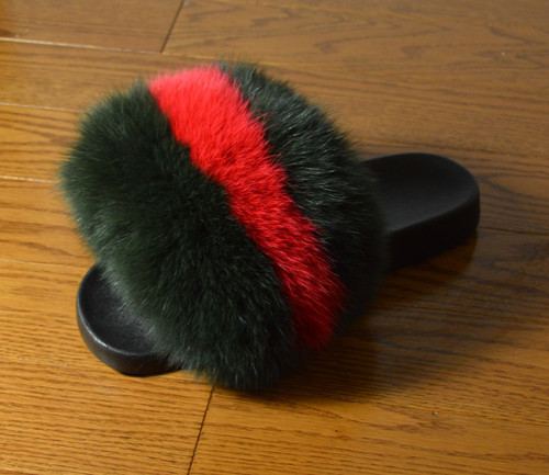 Real Green and Red Fox Fur Slide Sandal Slipper