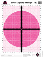 The Extreme Long Range Rifle Target has been enhanced with fluorescent color for high visibility at extreme ranges. This unique design allows the shooter to match up their crosshair reticle with the crosshair on the target to create a singular visual crosshair impression. Behind the 1/2" thick crosshair is an unobtrusive draftsman’s graph. This 16” wide X 20” tall graph consists of measurements from 1" down to 1/8" throughout