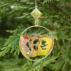 This 2.25” round ornament features two hikers, a lake, and ridges in the background dangling below the A.T. diamond logo.