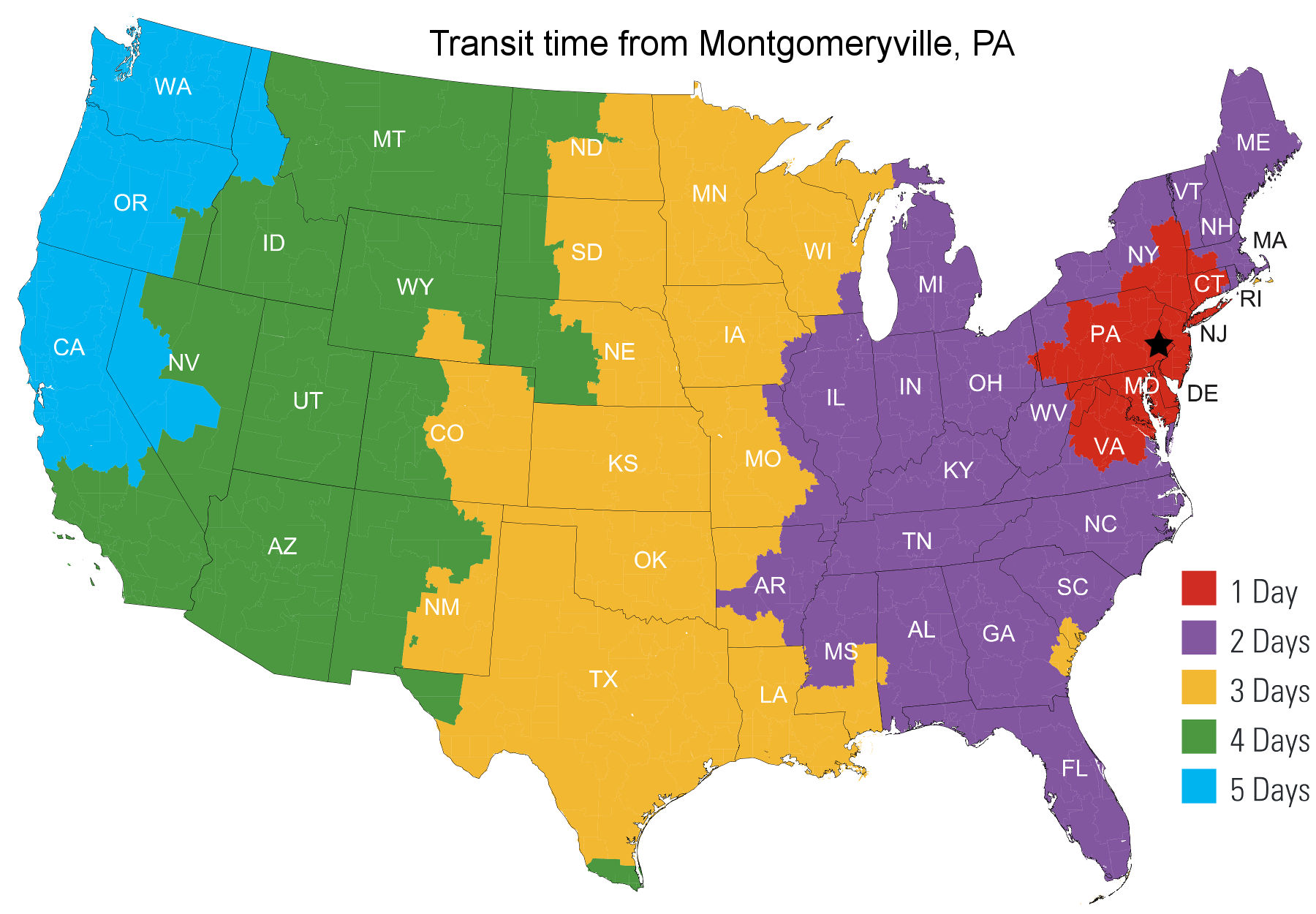 Transit time map from Montgomeryville, PA