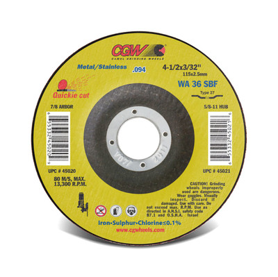 CGW Cutoff Wheel 4-1/2x3/32x7/8 WA36-S-BF T27 (.094)  - 45020