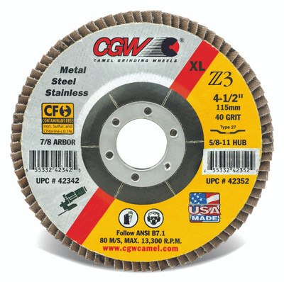 CGW Flap Disc 4-1/2x5/8-11 T27 Z3 XL 60 Grit Zirconia - 42354