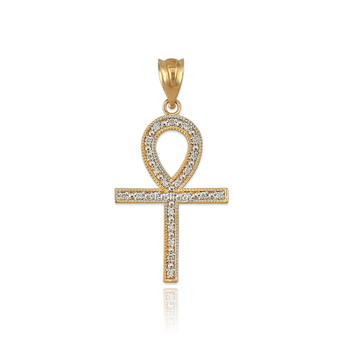 Yellow Gold Egyptian Ankh Cross Diamond Pendant Necklace
