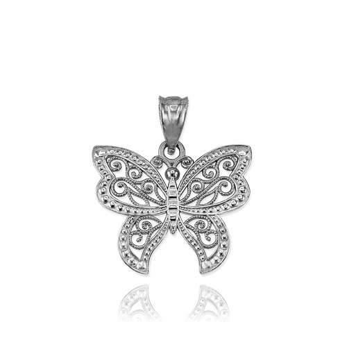 LA BLINGZ 14K White Gold Butterfly Filigree DC Charm Necklace