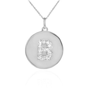 Letter "B" disc pendant necklace with diamonds in 10k or 14k white gold.