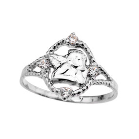 White Gold Rope Design Angel with Cubic Zirconia Ladies Ring
