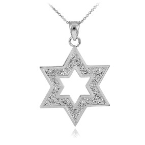 White Gold Textured Star Of David Pendant Necklace