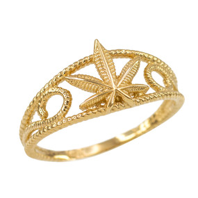 Women's Gold Textured Filigree Weed Marijuana Leaf Ring