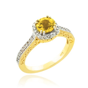 Yellow Citrine Halo Diamond Pave Gold Engagement Ring