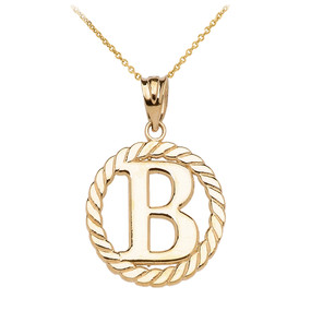 Yellow Gold "B" Initial in Rope Circle Pendant Necklace