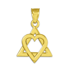 Yellow Gold Star of David Heart Charm Pendant (0.9")