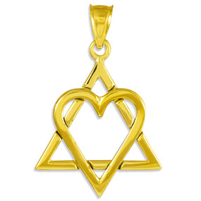 Yellow Gold Star of David Heart Large Pendant (1.4")