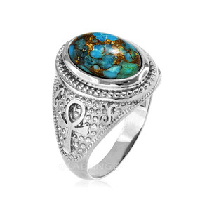 Sterling Silver Egyptian Ankh Cross Blue Copper Turquoise Statement Ring