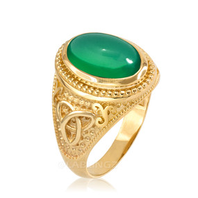 Yellow Gold Celtic Trinity Green Onyx Gemstone Ring