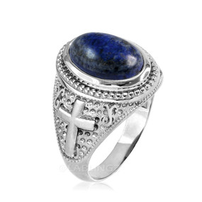 Sterling Silver Lapis Lazuli Gemstone Christian Cross Ring