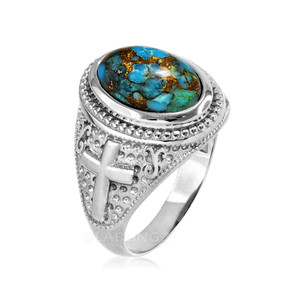 White Gold Blue Copper Turquoise Christian Cross Gemstone Ring