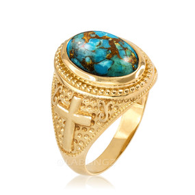 Yellow Gold Blue Copper Turquoise Christian Cross Gemstone Ring