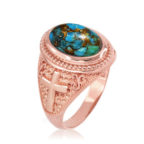 Rose Gold Blue Copper Turquoise Christian Cross Gemstone Ring