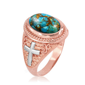Two-Tone Rose Gold Blue Copper Turquoise Christian Cross Gemstone Ring