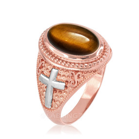 Two-Tone Rose Gold Tiger Eye Christian Cross Gemstone Ring