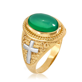 Two-Tone Yellow Gold Green Onyx Christian Cross Gemstone Ring