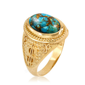Yellow Gold Cash Money Dollar Sign Blue Copper Turquoise Statement Ring