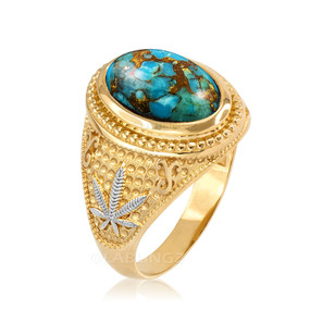 Two-Tone Yellow Gold Marijuana Weed Blue Copper Turquoise Statement Ring