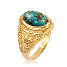 Yellow Gold Blue Copper Turquoise Fleur-De-Lis Gemstone Ring