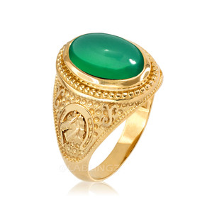 Yellow Gold Green Onyx Lucky Horse Shoe Gemstone Ring
