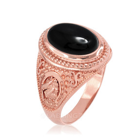 Rose Gold Black Onyx Lucky Horse Shoe Gemstone Ring