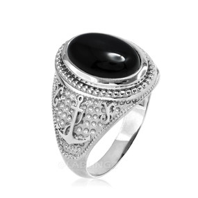 Sterling Silver Marine Anchor Black Onyx Gemstone Ring