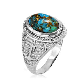 White Gold Marine Anchor Blue Copper Turquoise Gemstone Ring