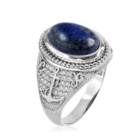 White Gold Marine Anchor Lapis Lazuli Gemstone Ring