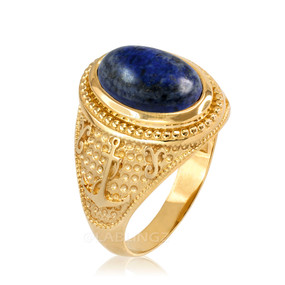Yellow Gold Marine Anchor Lapis Lazuli Gemstone Ring