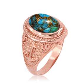 Rose Gold Marine Anchor Blue Copper Turquoise Gemstone Ring