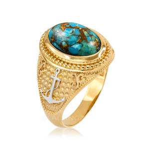 Two-Tone  Yellow Gold Marine Anchor Blue Copper Turquoise Gemstone Ring