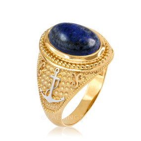 Two-Tone Yellow Gold Marine Anchor Lapis Lazuli Gemstone Ring