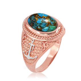 Two-Tone Rose Gold Marine Anchor Blue Copper Turquoise Gemstone Ring